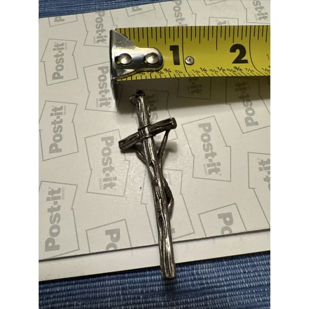 Vintage Silver Tone Log Cross Crucifix‎ Pendant INRI Rustic Branch Style 2.5 In
